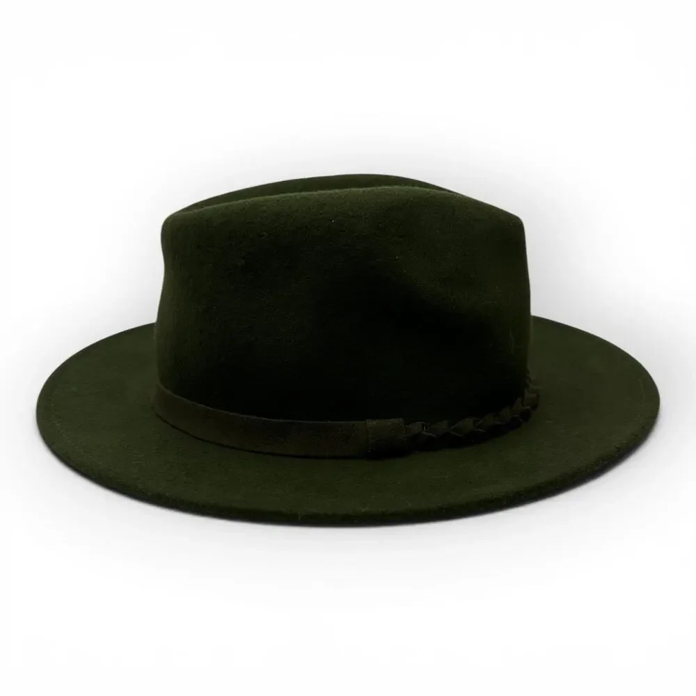Olive Green Wool Wide Brim Fedora Hat Braided Suede Band One Size